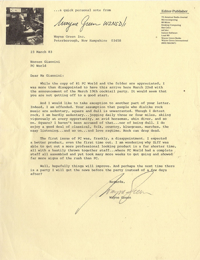 Letter from Wayne Green to David Bunnell about PC World launch